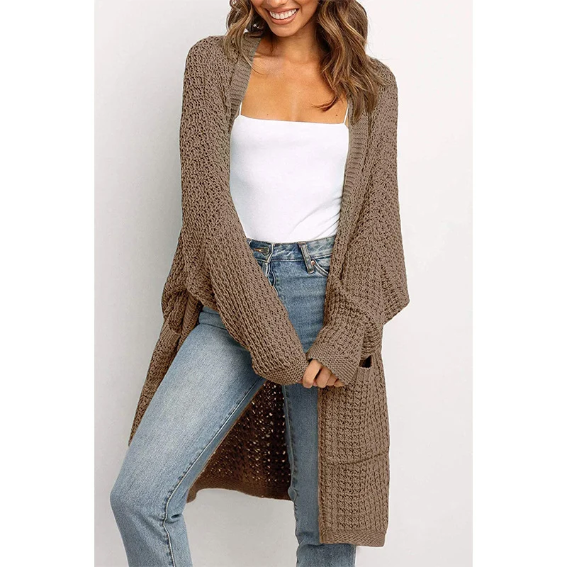 Damen Langer Offener Grobstrick-Cardigan im Cocoon-Schnitt mit Eingrifftaschen Drune