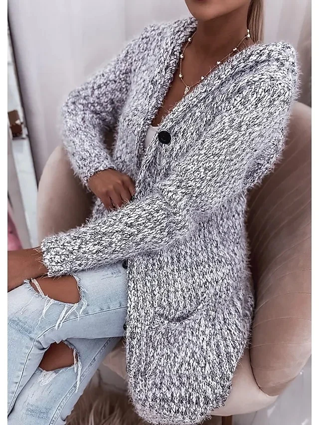 Damen Langer Mélange-Kuschelcardigan mit Kapuze, Hornknopf und Eingrifftaschen Drune
