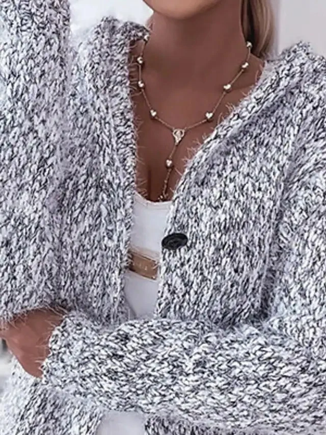Damen Langer Mélange-Kuschelcardigan mit Kapuze, Hornknopf und Eingrifftaschen Drune