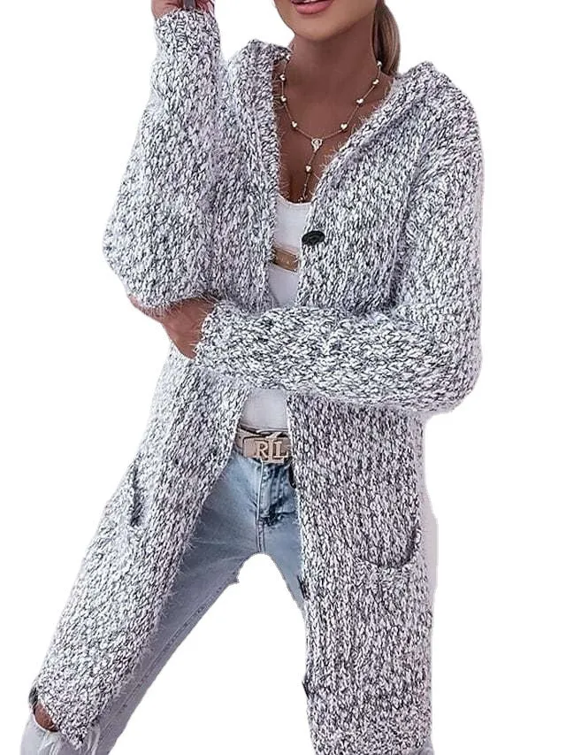 Damen Langer Mélange-Kuschelcardigan mit Kapuze, Hornknopf und Eingrifftaschen Drune