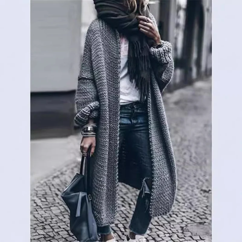 Damen Langer Grobstrick-Mantelcardigan mit überschnittener Schulter und offener Front Drune