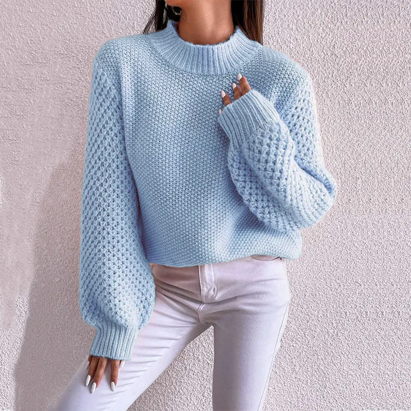 Damen Kurzgeschnitteter Grobstrick-Pullover mit Voluminösen Netzstruktur-Ärmeln und Stehkragen Drune