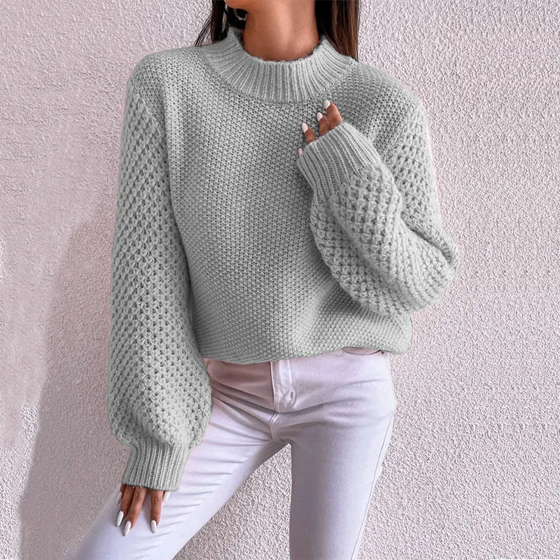 Damen Kurzgeschnitteter Grobstrick-Pullover mit Voluminösen Netzstruktur-Ärmeln und Stehkragen Drune