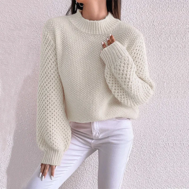 Damen Kurzgeschnitteter Grobstrick-Pullover mit Voluminösen Netzstruktur-Ärmeln und Stehkragen Drune