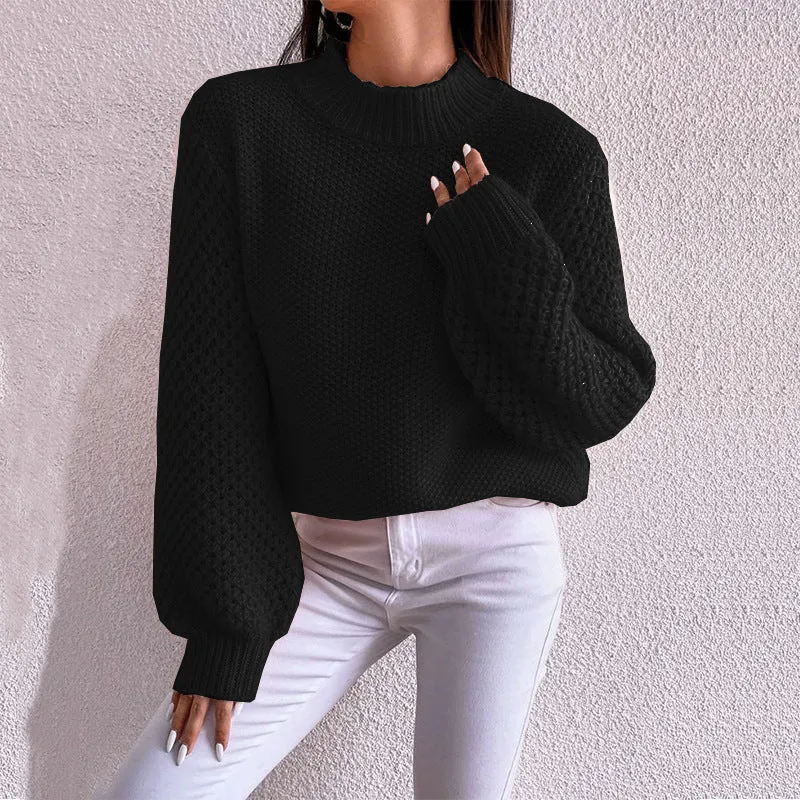 Damen Kurzgeschnitteter Grobstrick-Pullover mit Voluminösen Netzstruktur-Ärmeln und Stehkragen Drune