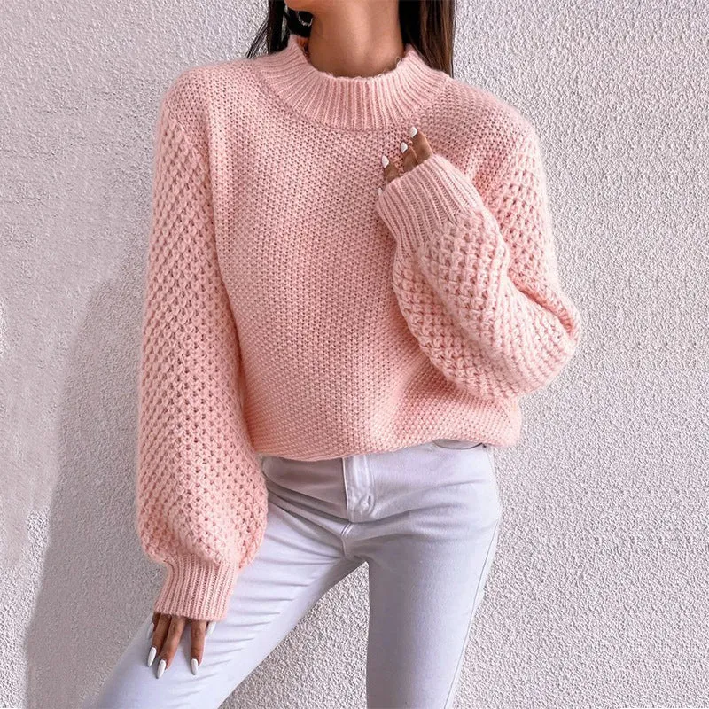 Damen Kurzgeschnitteter Grobstrick-Pullover mit Voluminösen Netzstruktur-Ärmeln und Stehkragen Drune