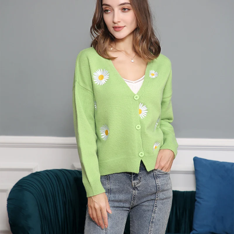 Damen Kurzgeschnittener V-Ausschnitt-Strickcardigan mit gestickten Gänseblümchen und Rippbündchen Drune