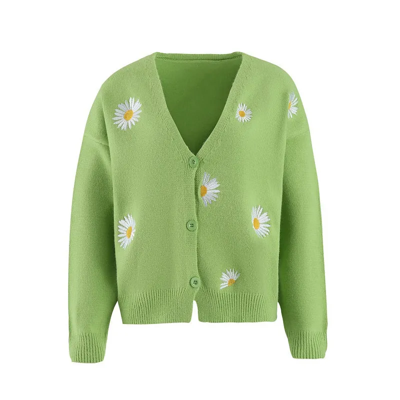 Damen Kurzgeschnittener V-Ausschnitt-Strickcardigan mit gestickten Gänseblümchen und Rippbündchen Drune