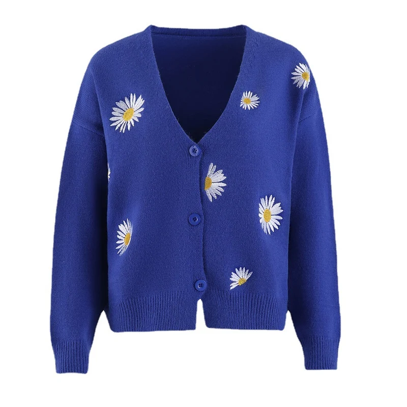 Damen Kurzgeschnittener V-Ausschnitt-Strickcardigan mit gestickten Gänseblümchen und Rippbündchen Drune