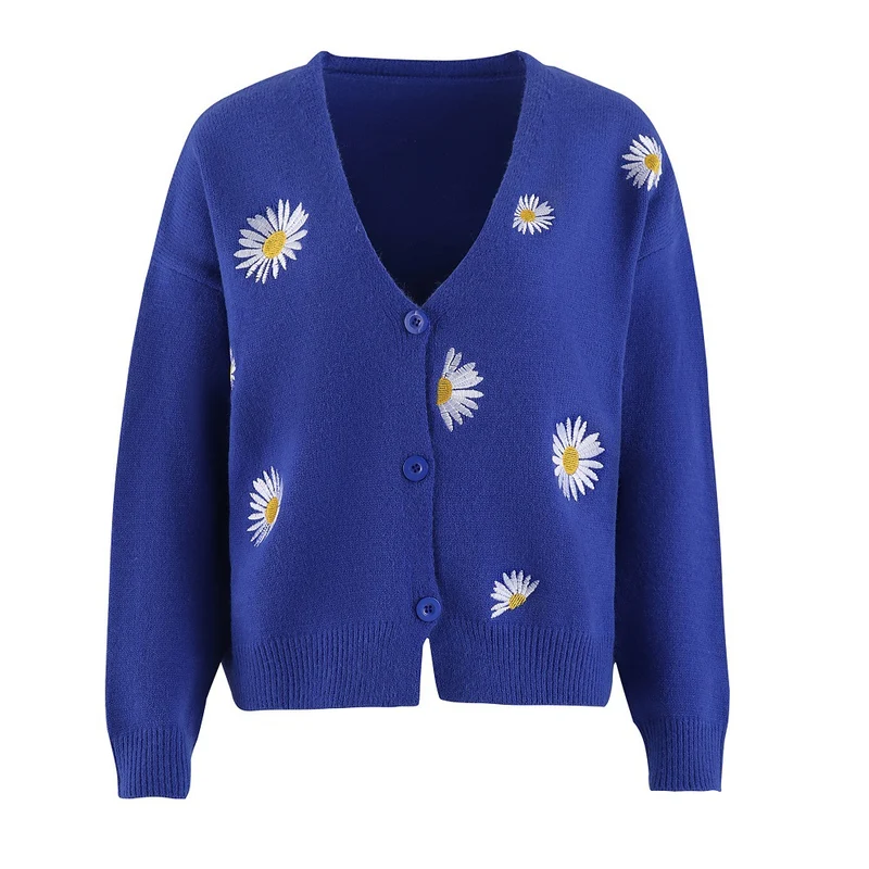 Damen Kurzgeschnittener V-Ausschnitt-Strickcardigan mit gestickten Gänseblümchen und Rippbündchen Drune