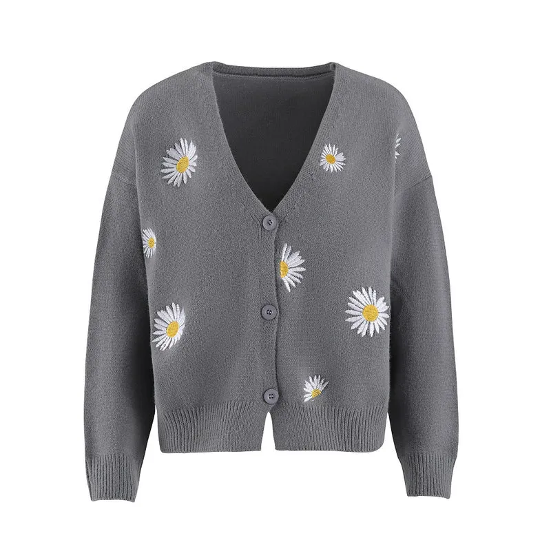 Damen Kurzgeschnittener V-Ausschnitt-Strickcardigan mit gestickten Gänseblümchen und Rippbündchen Drune