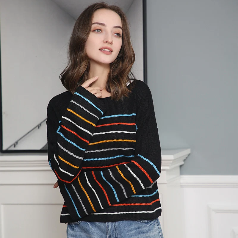 Damen Kurzgeschnittener Feinstrick-Pullover mit Rundhalsausschnitt, mehrfarbigen Horizontalstreifen und überschnittenen Schultern Drune