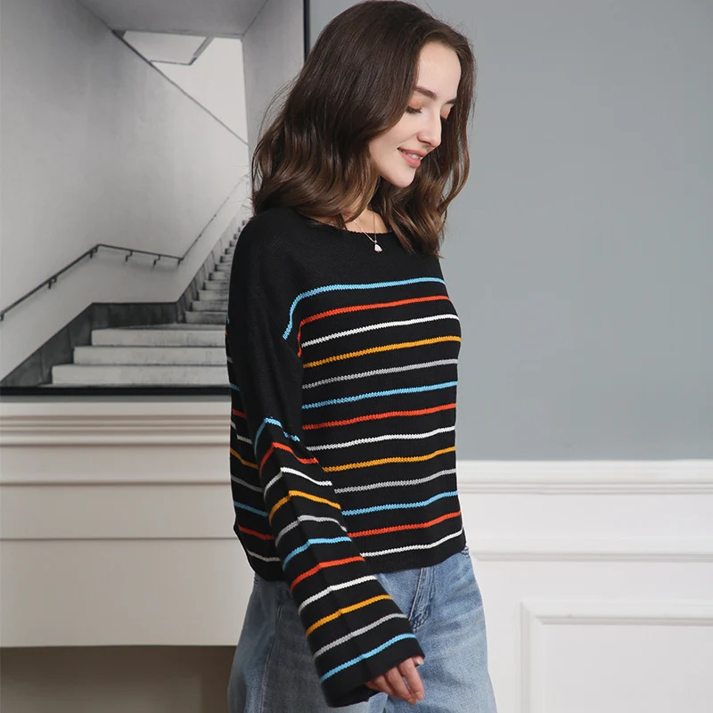 Damen Kurzgeschnittener Feinstrick-Pullover mit Rundhalsausschnitt, mehrfarbigen Horizontalstreifen und überschnittenen Schultern Drune