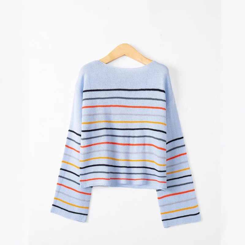 Damen Kurzgeschnittener Feinstrick-Pullover mit Rundhalsausschnitt, mehrfarbigen Horizontalstreifen und überschnittenen Schultern Drune