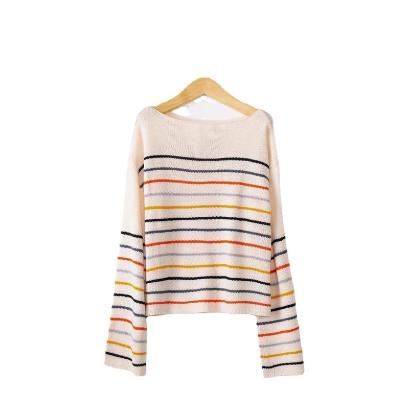 Damen Kurzgeschnittener Feinstrick-Pullover mit Rundhalsausschnitt, mehrfarbigen Horizontalstreifen und überschnittenen Schultern Drune