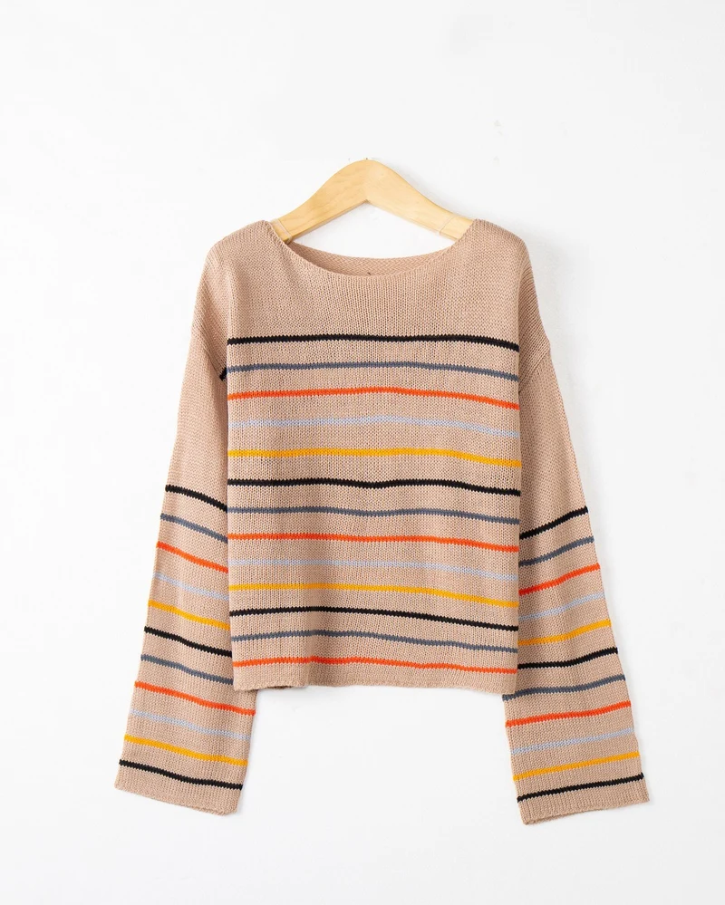 Damen Kurzgeschnittener Feinstrick-Pullover mit Rundhalsausschnitt, mehrfarbigen Horizontalstreifen und überschnittenen Schultern Drune
