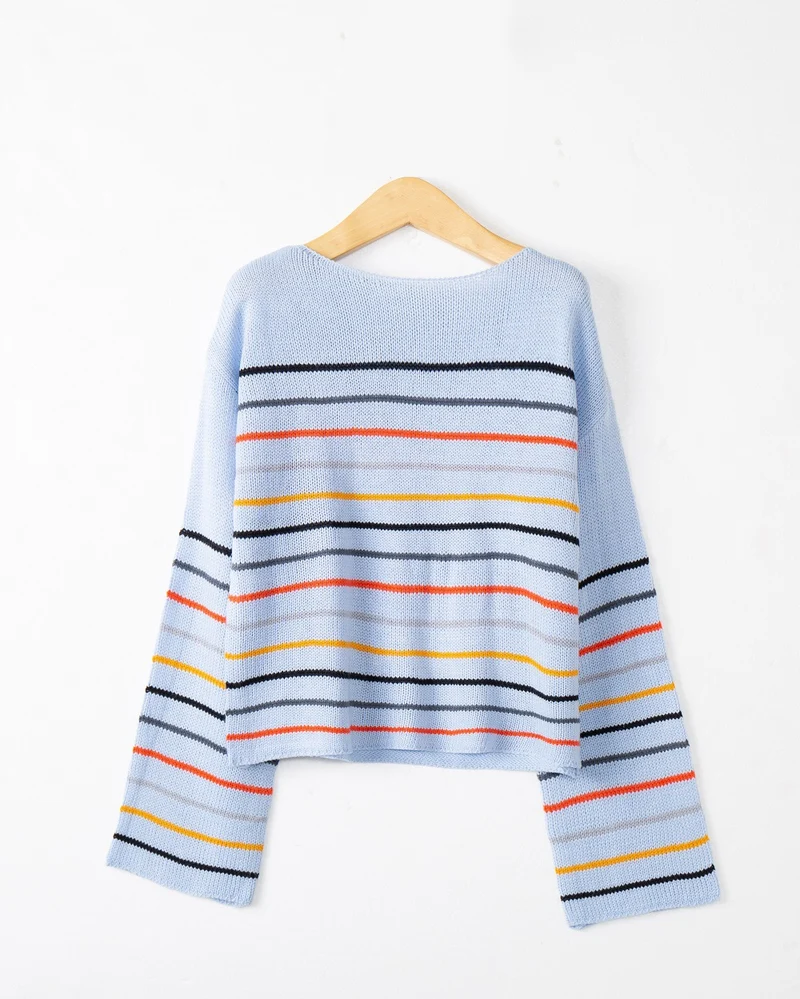 Damen Kurzgeschnittener Feinstrick-Pullover mit Rundhalsausschnitt, mehrfarbigen Horizontalstreifen und überschnittenen Schultern Drune