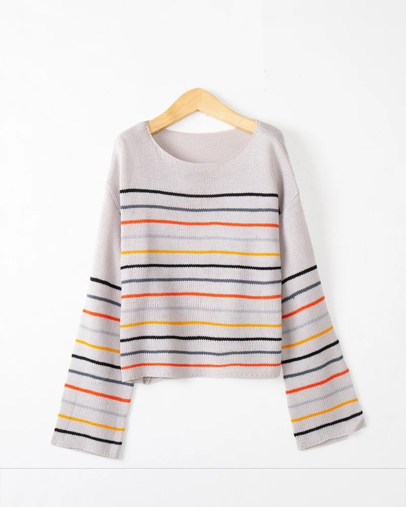 Damen Kurzgeschnittener Feinstrick-Pullover mit Rundhalsausschnitt, mehrfarbigen Horizontalstreifen und überschnittenen Schultern Drune