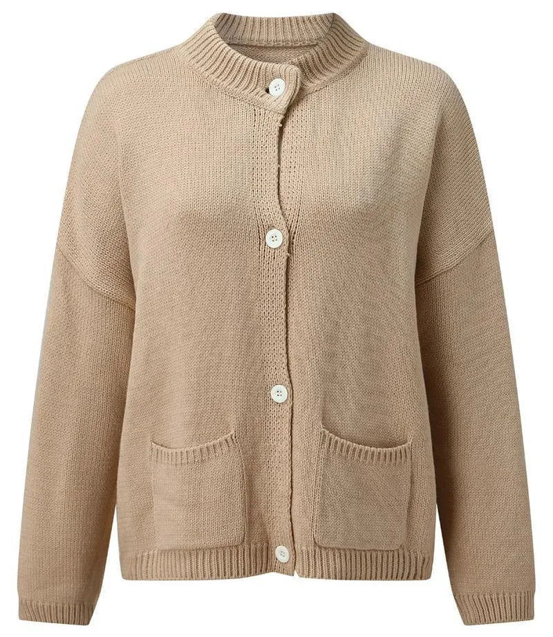 Damen Kurzer Boxy-Cardigan aus Grobstrick mit hoher Knopfleiste und Eingrifftaschen Drune
