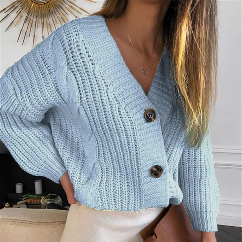 Damen Kurz geschnittener Grobstrick-Cardigan mit tiefem V-Ausschnitt, Zopfmuster und Oversize-Ärmeln Drune