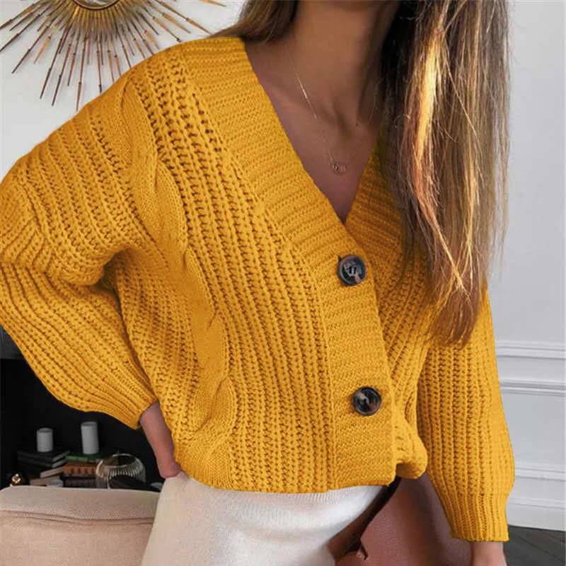 Damen Kurz geschnittener Grobstrick-Cardigan mit tiefem V-Ausschnitt, Zopfmuster und Oversize-Ärmeln Drune