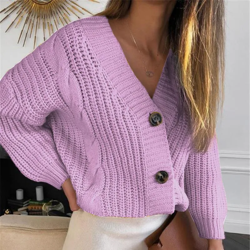 Damen Kurz geschnittener Grobstrick-Cardigan mit tiefem V-Ausschnitt, Zopfmuster und Oversize-Ärmeln Drune