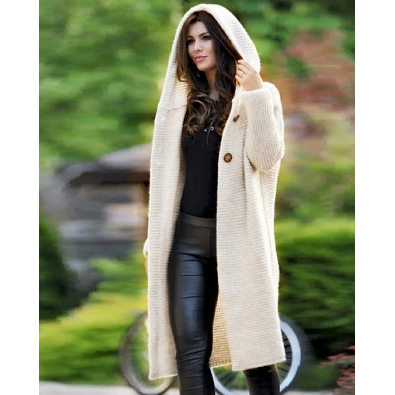 Damen Kapuzen-Strickmantel mit Oversize-Schnitt und Knopfleiste Drune