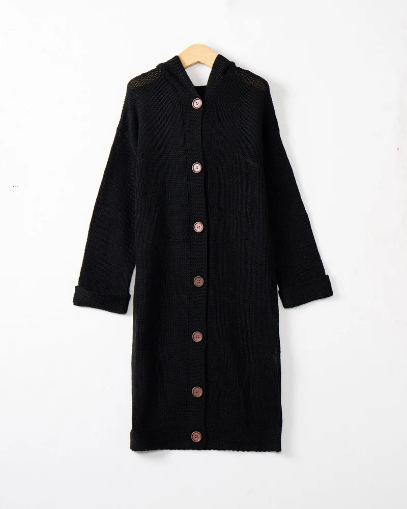 Damen Kapuzen-Longcardigan aus mitteldickem Rippstrick mit durchgehender Knopfleiste und lockerem Oversize-Schnitt Drune