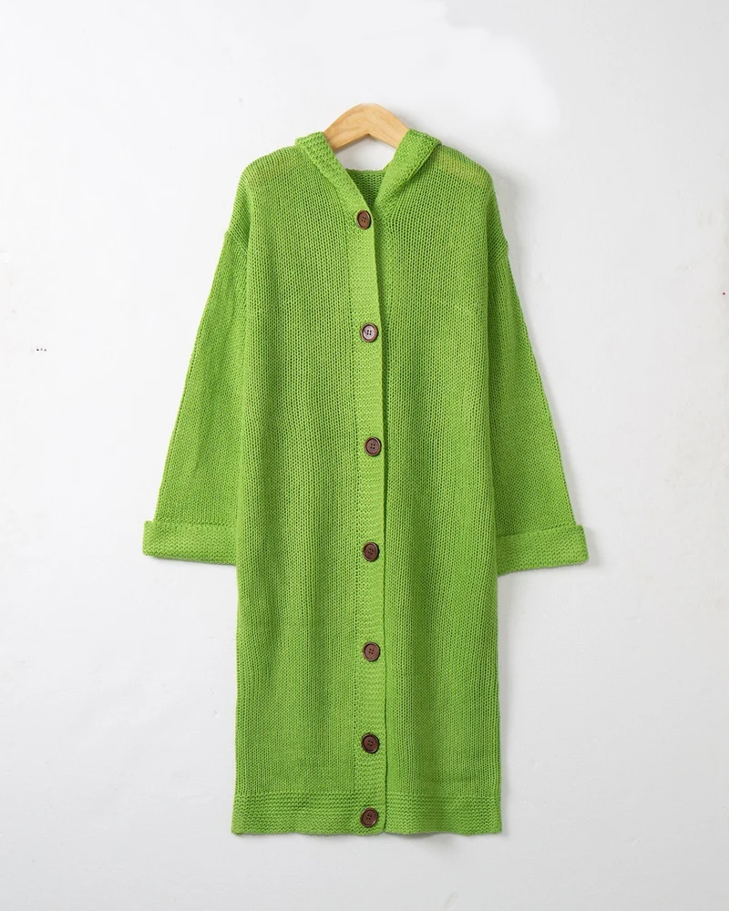 Damen Kapuzen-Longcardigan aus mitteldickem Rippstrick mit durchgehender Knopfleiste und lockerem Oversize-Schnitt Drune