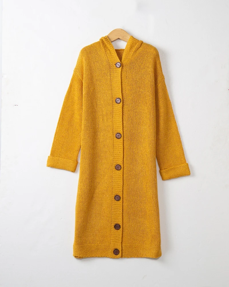 Damen Kapuzen-Longcardigan aus mitteldickem Rippstrick mit durchgehender Knopfleiste und lockerem Oversize-Schnitt Drune
