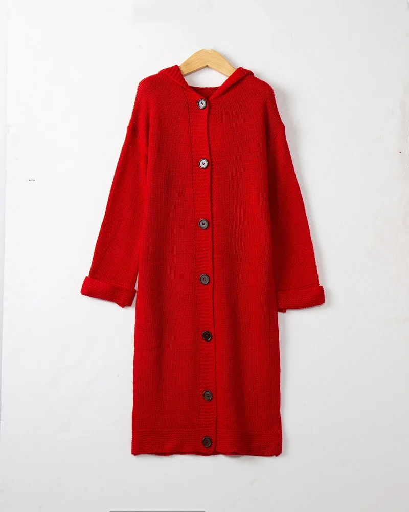 Damen Kapuzen-Longcardigan aus mitteldickem Rippstrick mit durchgehender Knopfleiste und lockerem Oversize-Schnitt Drune