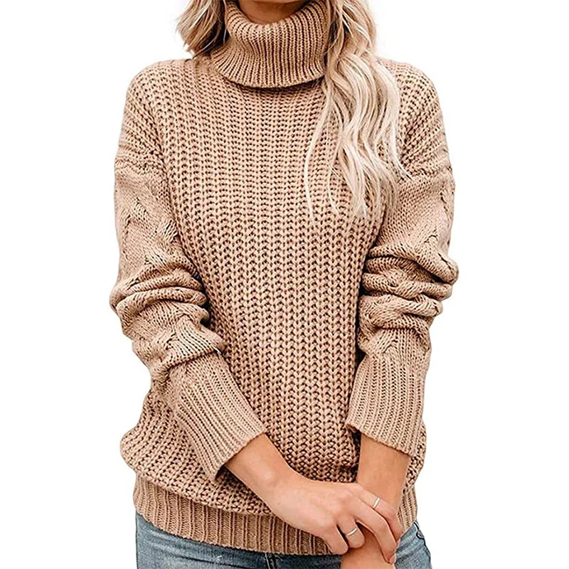 Damen Grobgestrickter Turtleneck-Pullover mit Waffelstruktur und überschnittenen Schultern Drune