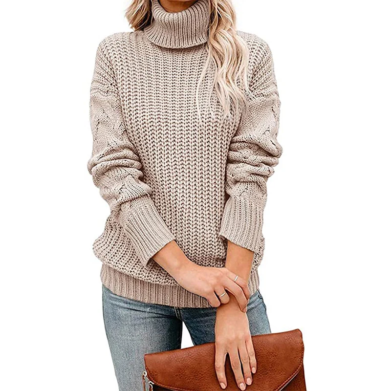 Damen Grobgestrickter Turtleneck-Pullover mit Waffelstruktur und überschnittenen Schultern Drune