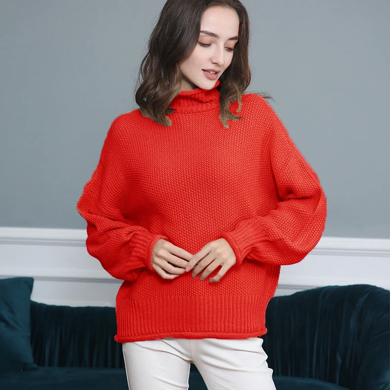 Damen Grobgestrickter Rollkragenpullover mit Ballonärmeln Drune