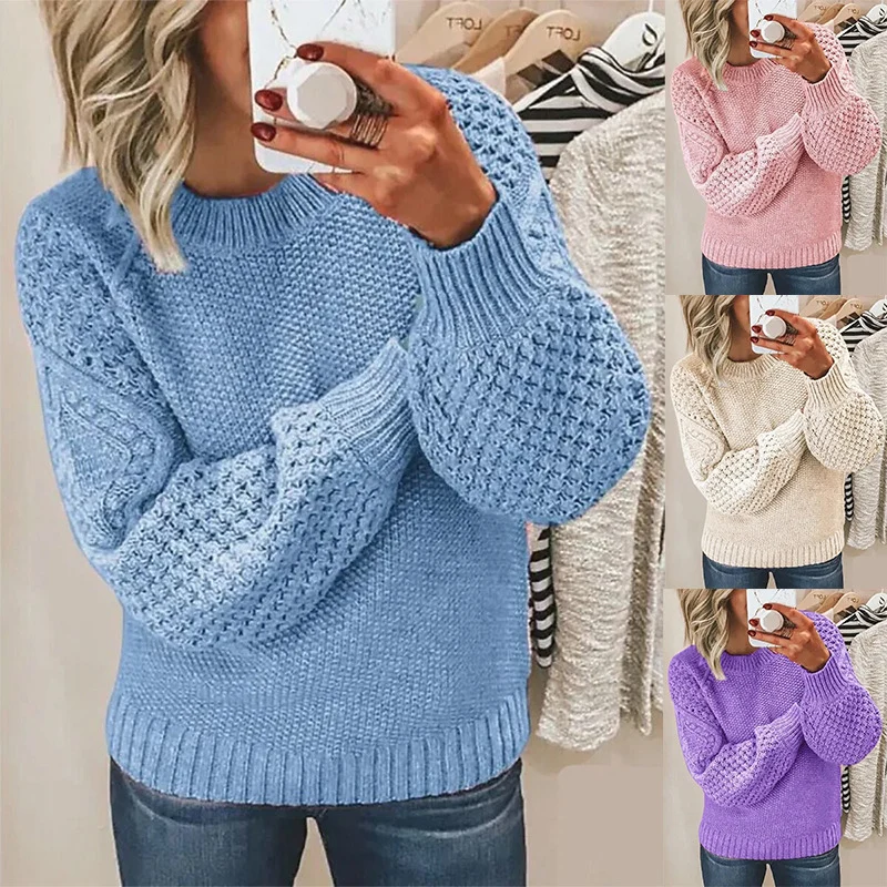 Damen Grobgestrickter Pullover mit Zopfmuster und Ballonärmeln Drune