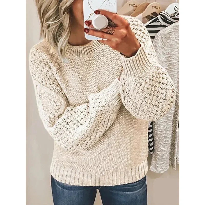 Damen Grobgestrickter Pullover mit Zopfmuster und Ballonärmeln Drune