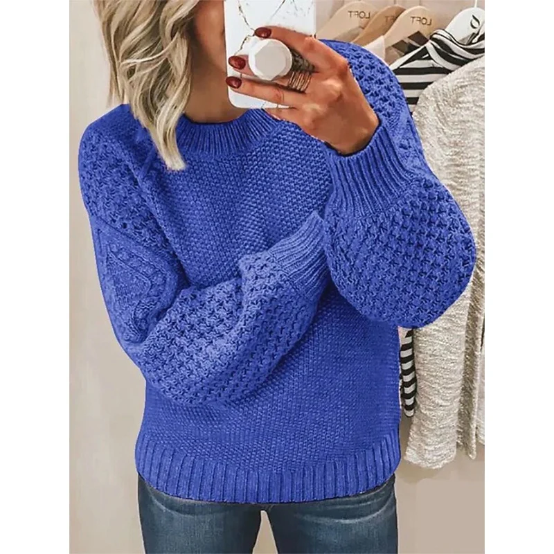 Damen Grobgestrickter Pullover mit Zopfmuster und Ballonärmeln Drune
