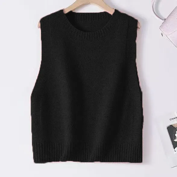 Damen Gestrickte Oversize-Ärmellose Weste mit Rundhalsausschnitt und Rippbündchen Drune