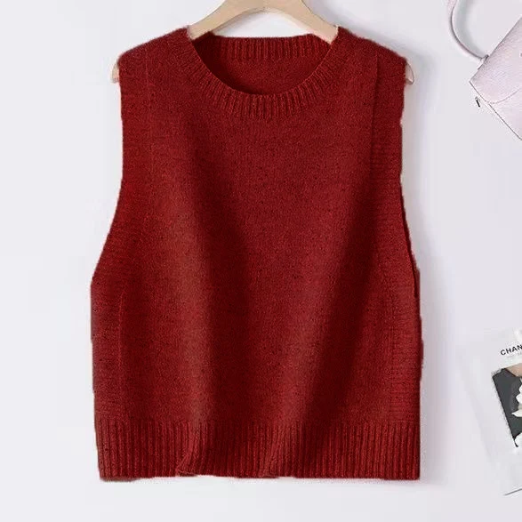 Damen Gestrickte Oversize-Ärmellose Weste mit Rundhalsausschnitt und Rippbündchen Drune