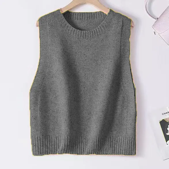 Damen Gestrickte Oversize-Ärmellose Weste mit Rundhalsausschnitt und Rippbündchen Drune