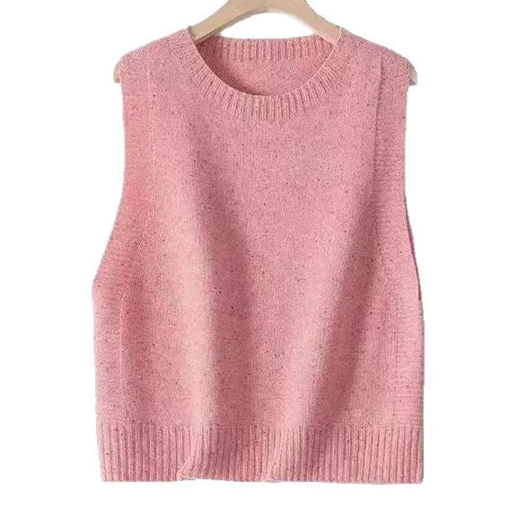 Damen Gestrickte Oversize-Ärmellose Weste mit Rundhalsausschnitt und Rippbündchen Drune