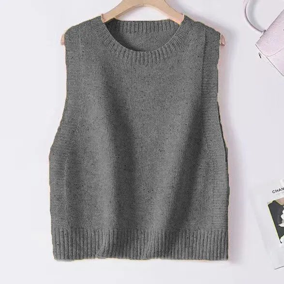 Damen Gestrickte Oversize-Ärmellose Weste mit Rundhalsausschnitt und Rippbündchen Drune