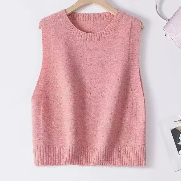 Damen Gestrickte Oversize-Ärmellose Weste mit Rundhalsausschnitt und Rippbündchen Drune
