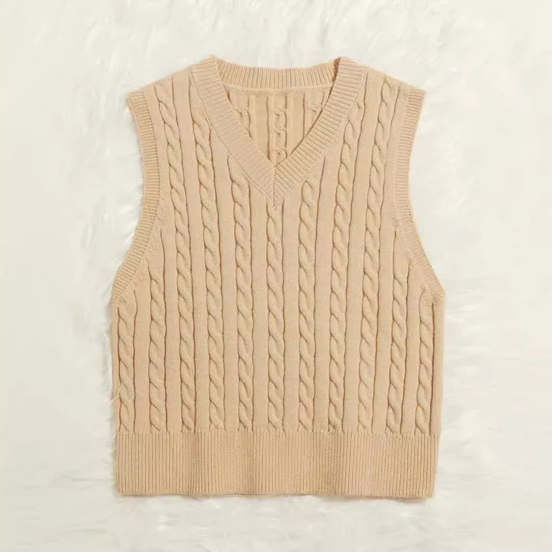 Damen Gestrickte ärmellose Zopfmuster-Pulloverweste mit V-Ausschnitt Drune