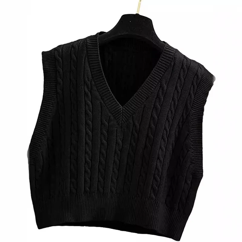 Damen Gestrickte ärmellose Zopfmuster-Pulloverweste mit V-Ausschnitt Drune