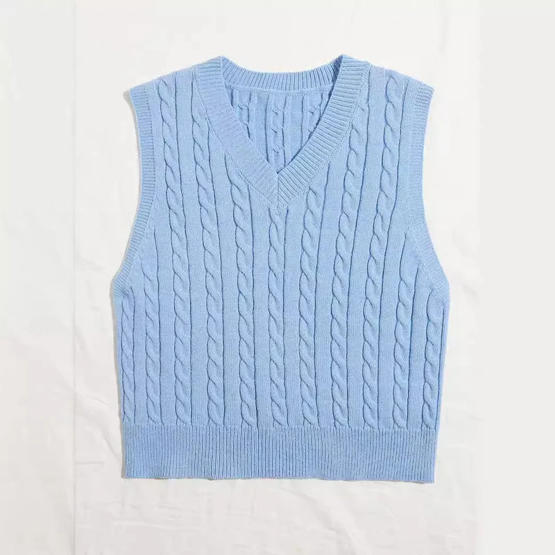 Damen Gestrickte ärmellose Zopfmuster-Pulloverweste mit V-Ausschnitt Drune