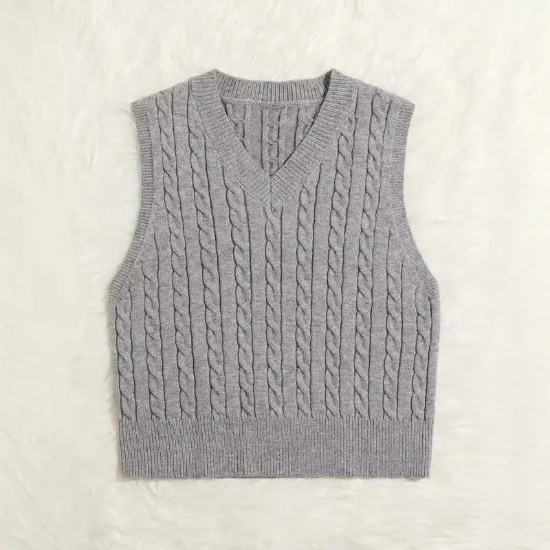 Damen Gestrickte ärmellose Zopfmuster-Pulloverweste mit V-Ausschnitt Drune