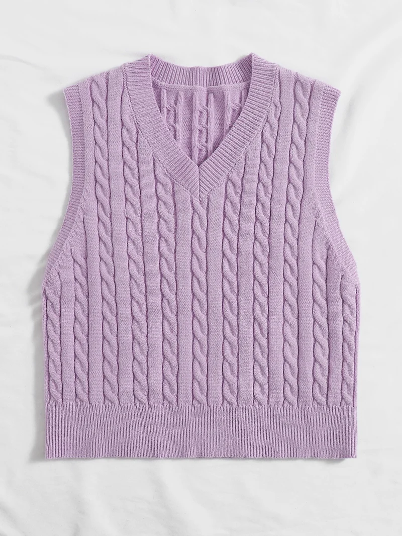 Damen Gestrickte ärmellose Zopfmuster-Pulloverweste mit V-Ausschnitt Drune