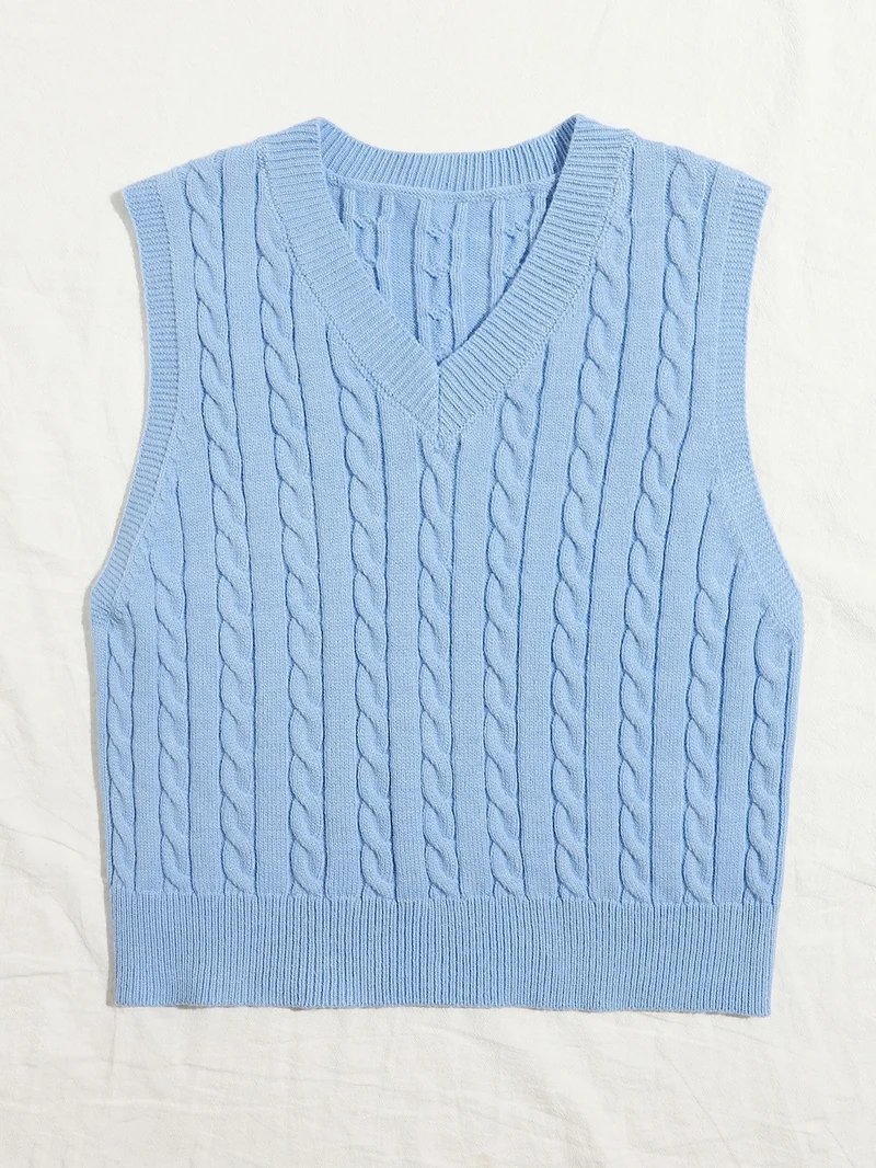 Damen Gestrickte ärmellose Zopfmuster-Pulloverweste mit V-Ausschnitt Drune