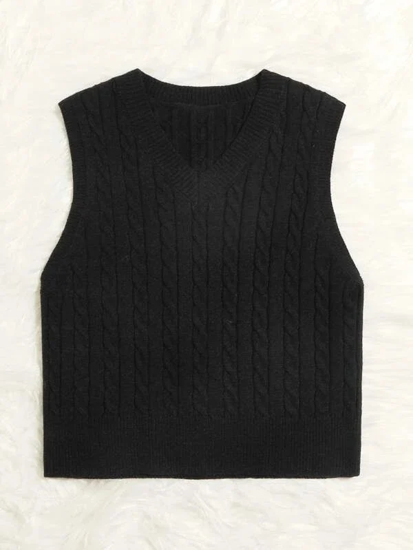 Damen Gestrickte ärmellose Zopfmuster-Pulloverweste mit V-Ausschnitt Drune